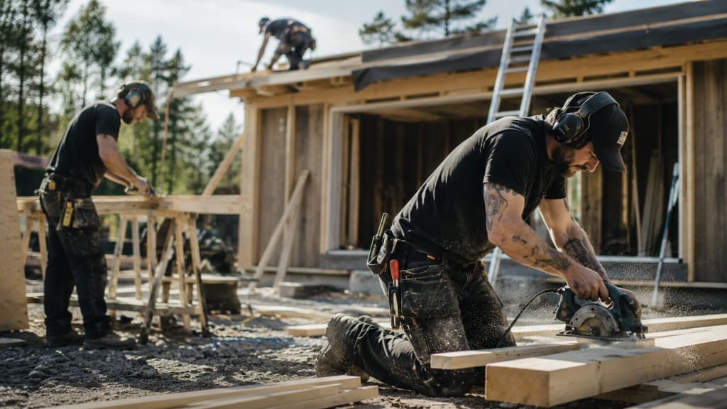 Hantverkare som sågar virke på en byggarbetsplats