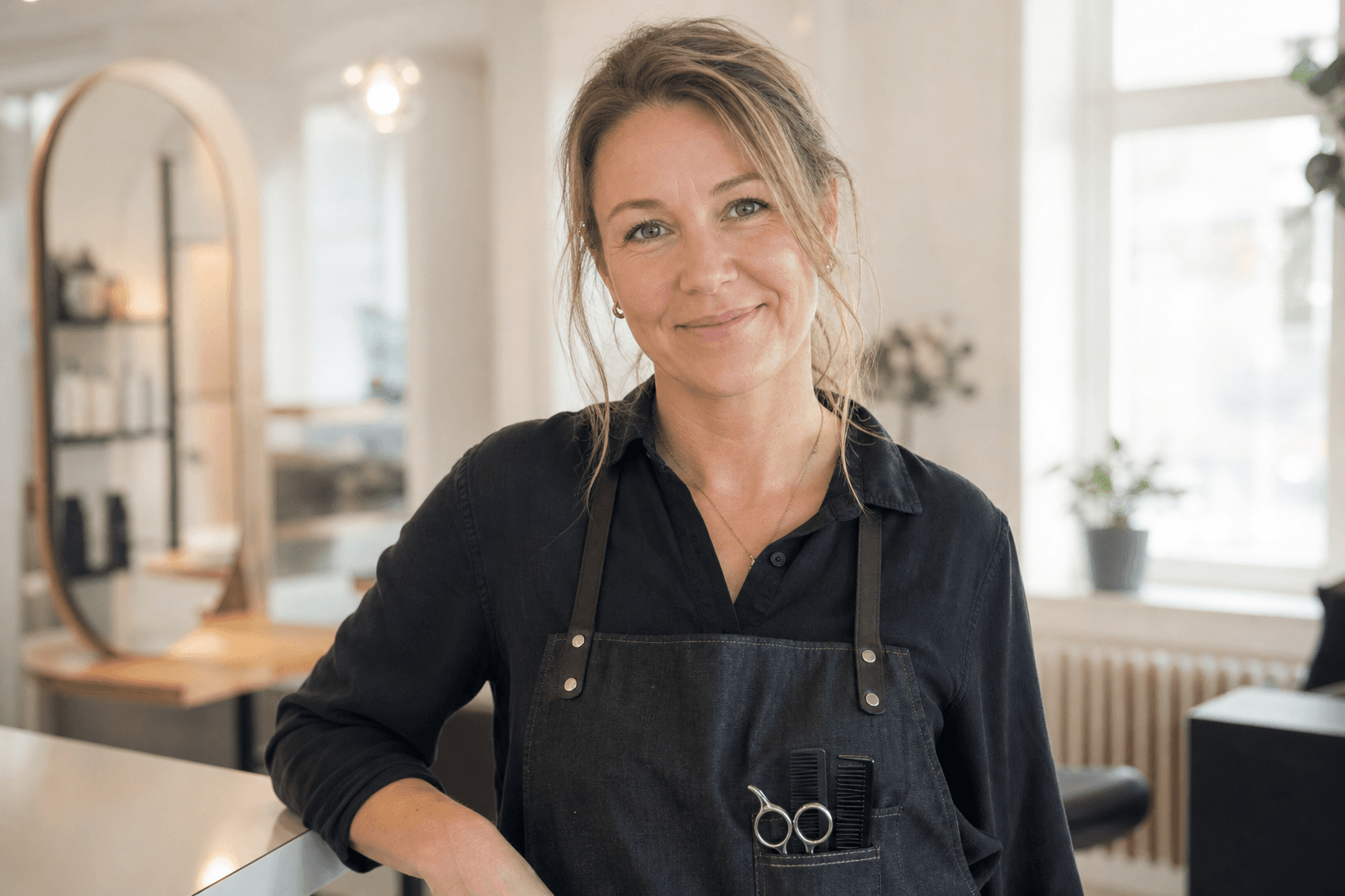 Frisör som ler mot kameran