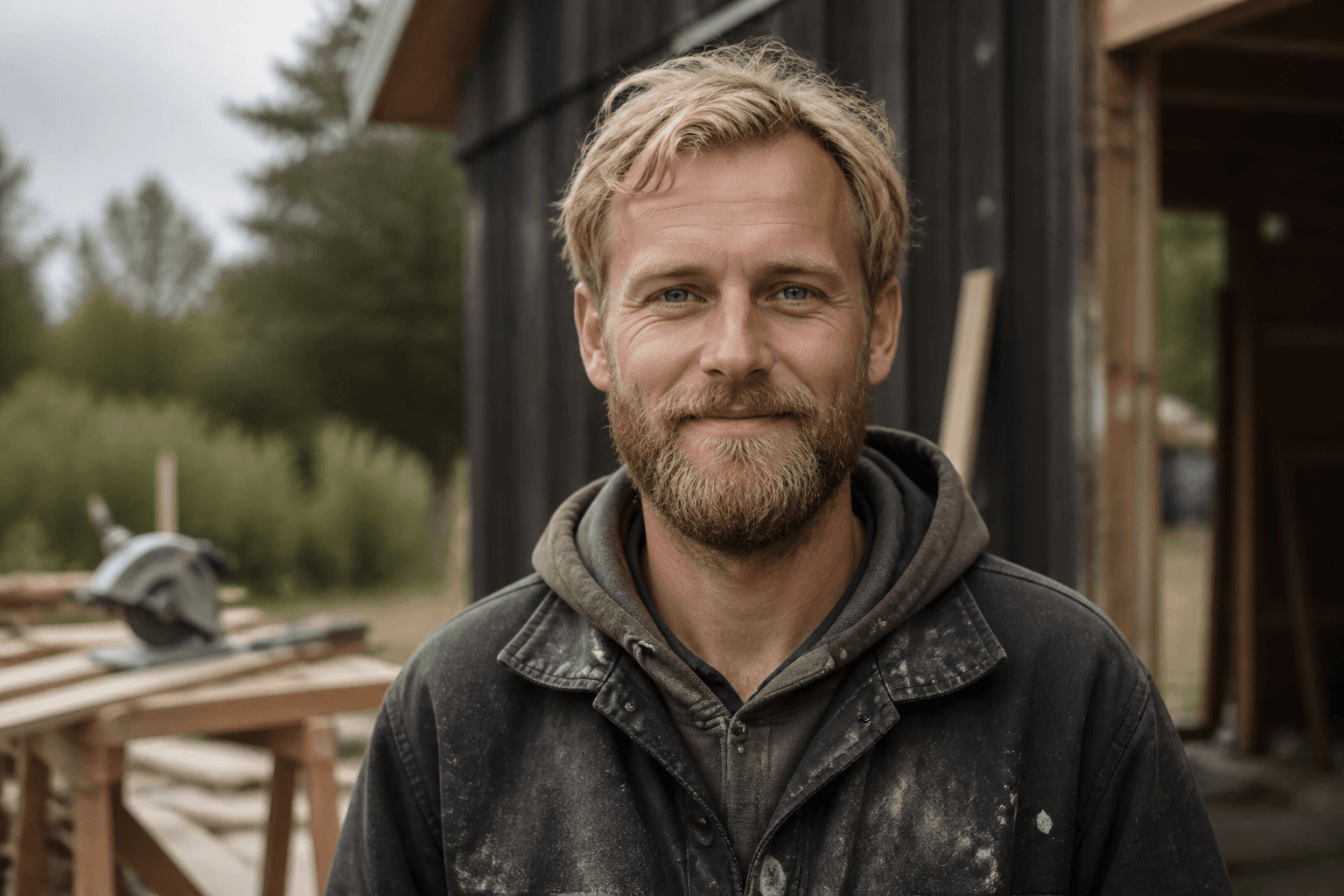 Trygg hantverkare som ler mot kameran