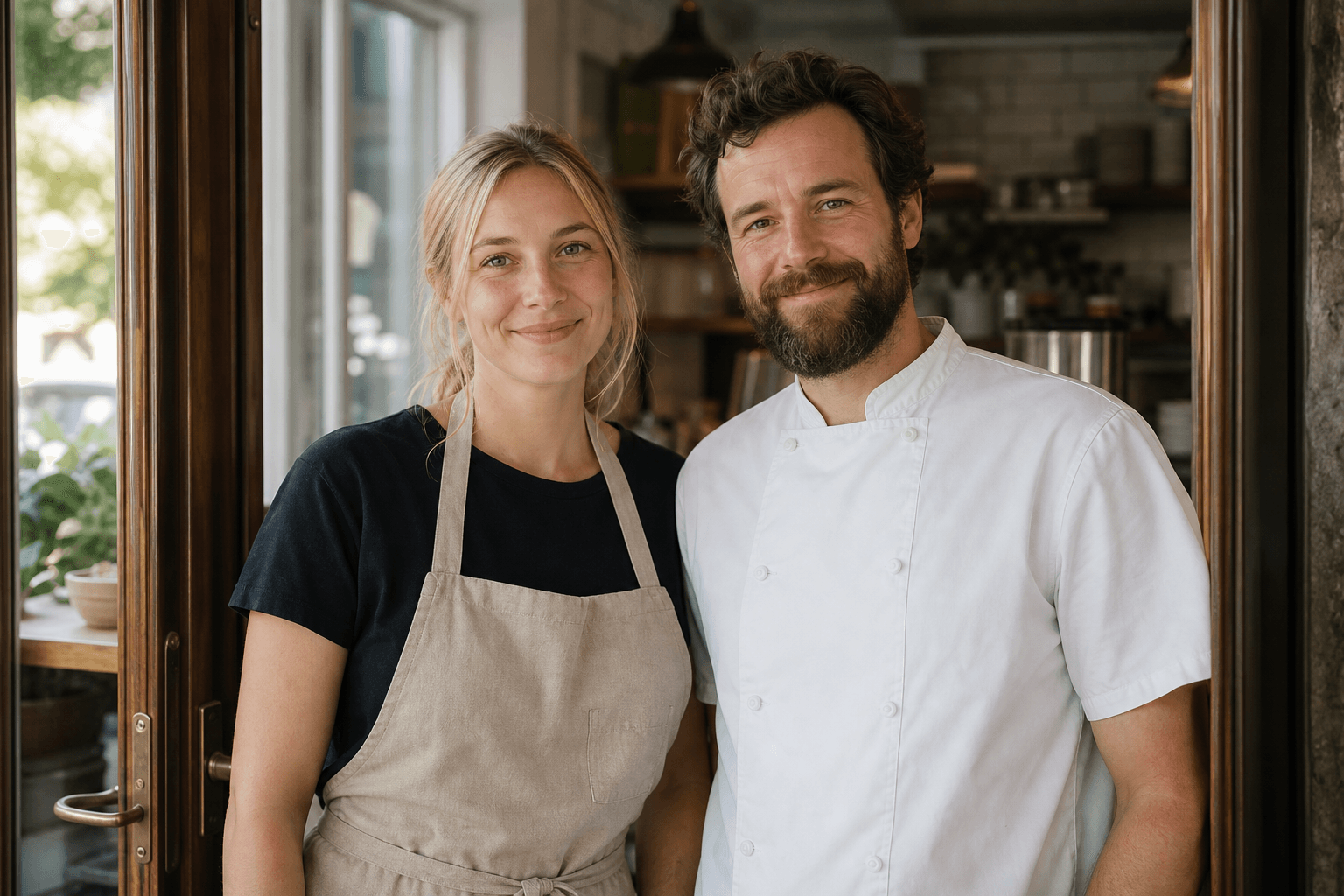 Cafébiträde och kock som ler mot kameran