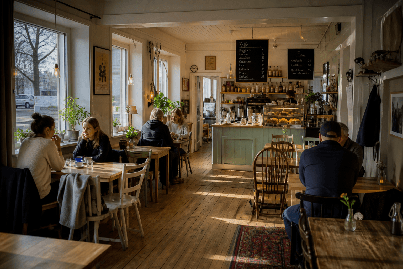Mysigt svenskt café med gäster, trägolv och fönsterljus
