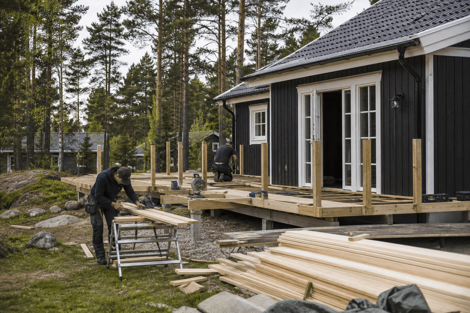 Mindre byggjobb med trädäck och virke i dagsljus